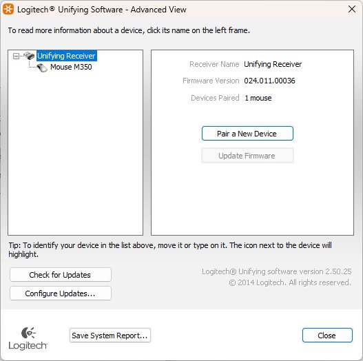 Unifying Software Advanced View listing a receiver with one paired mouse