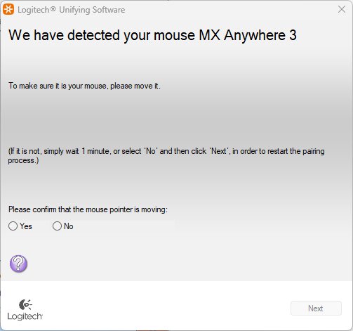 Unifying Software confirmation screen asking if the detected mouse pointer moves
