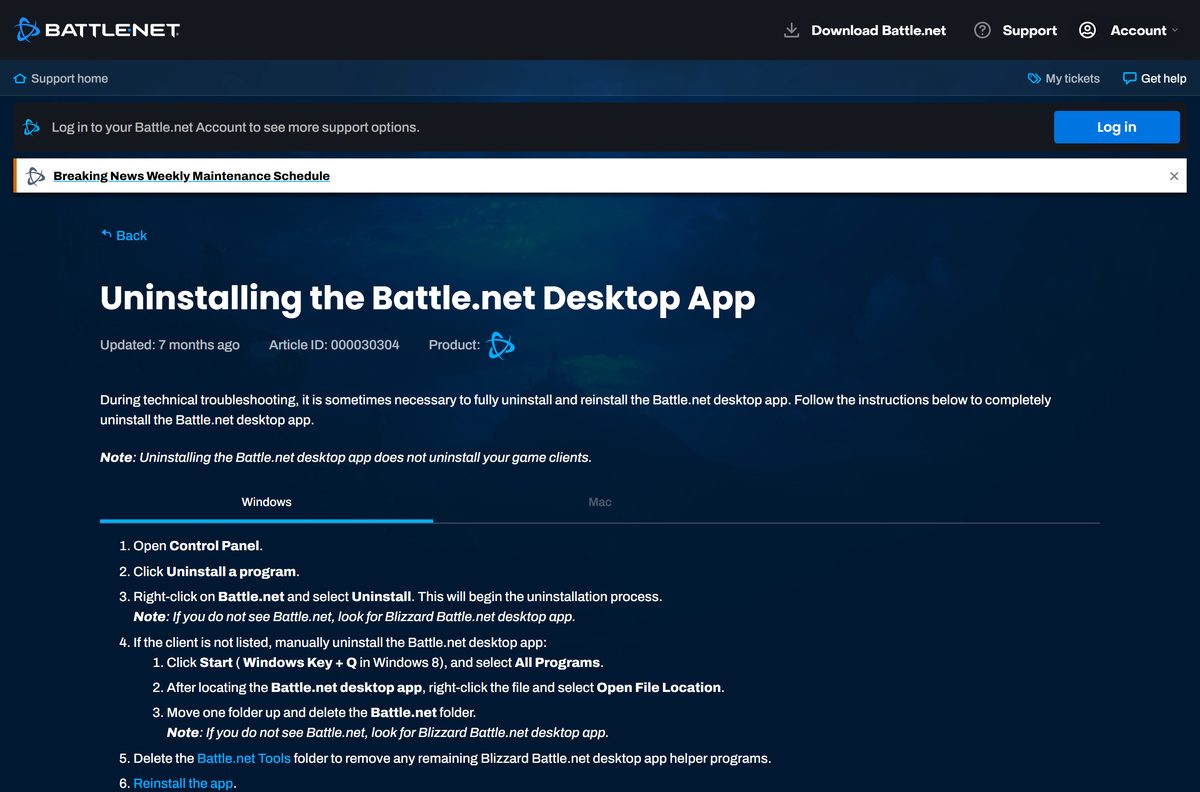Blizzard Support steps to uninstall Battle.net on Windows and Mac