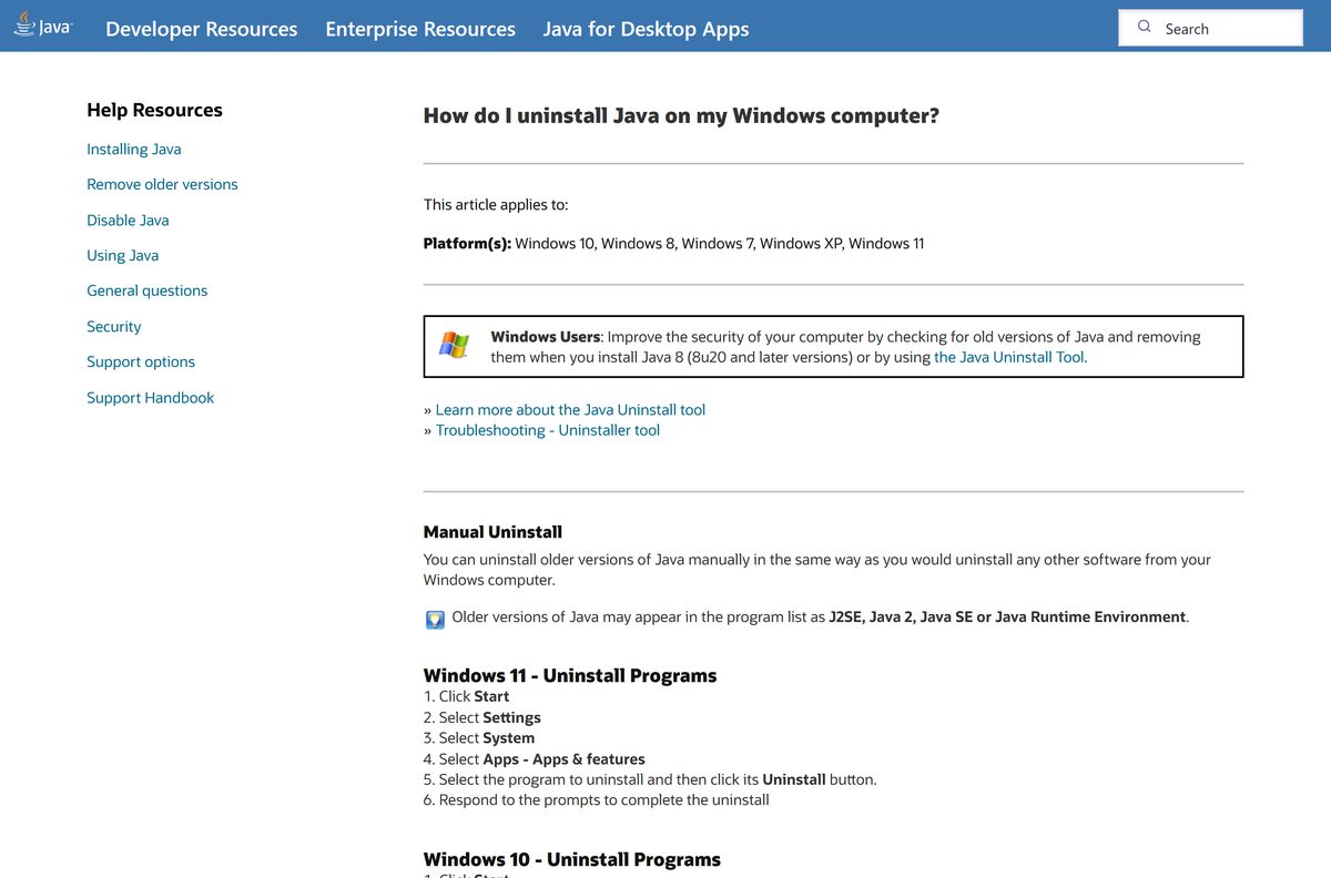 Oracle help page explaining how to remove Java on Windows