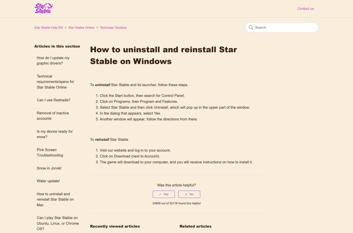 Help article with Star Stable Online uninstall steps for Windows