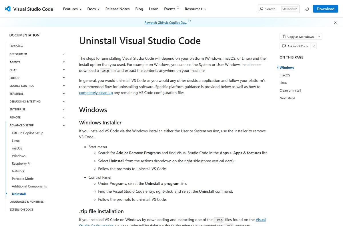 Uninstall guide listing the settings and extension folders to delete