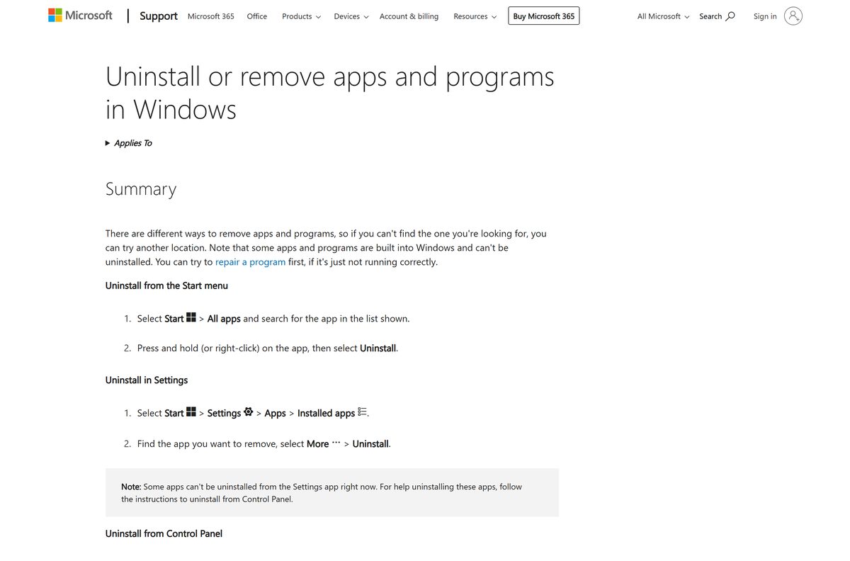 Microsoft support steps for removing apps from Settings and Start