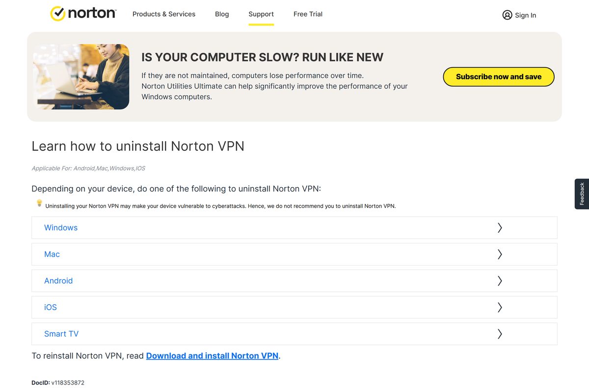 Norton support page listing uninstall steps for Windows and Mac