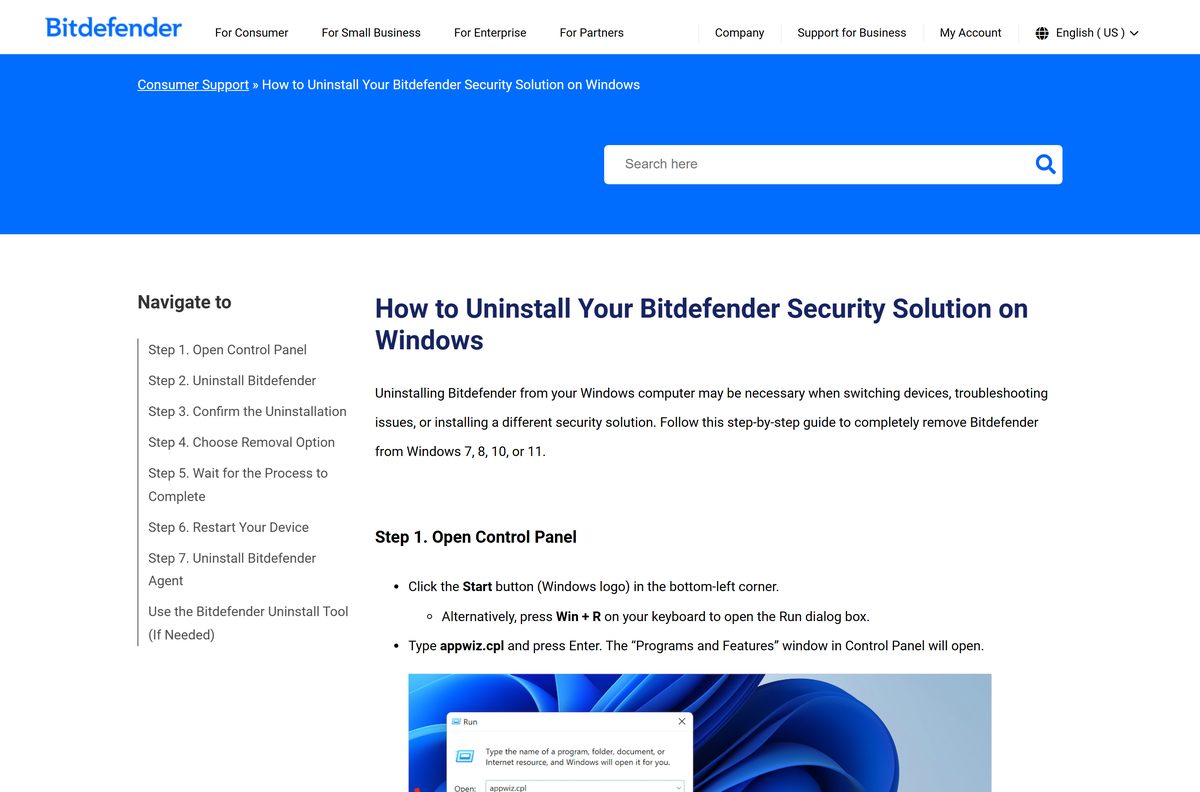 Bitdefender support article with Windows uninstall steps and removal tool