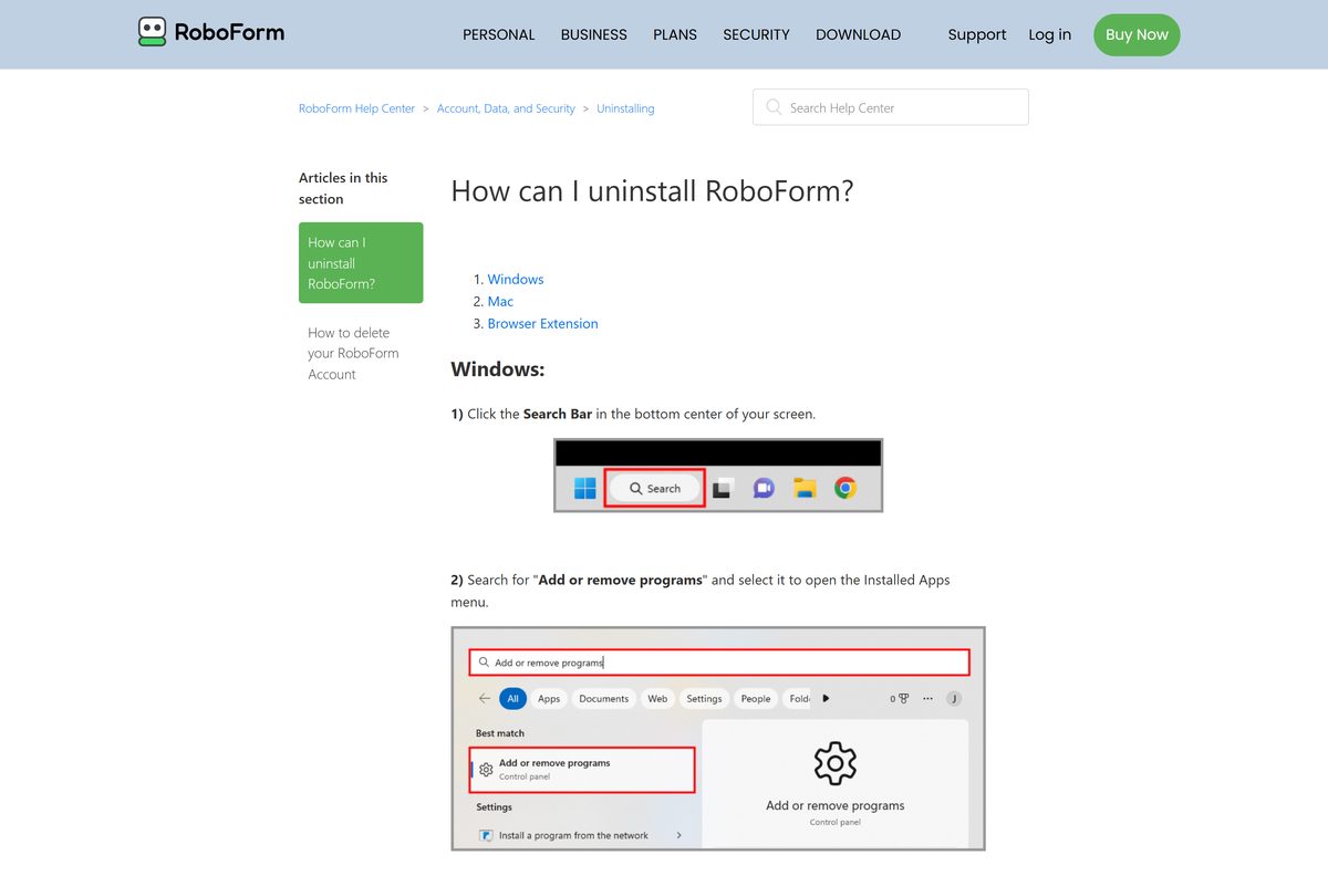 RoboForm help steps for uninstalling on Windows and Mac