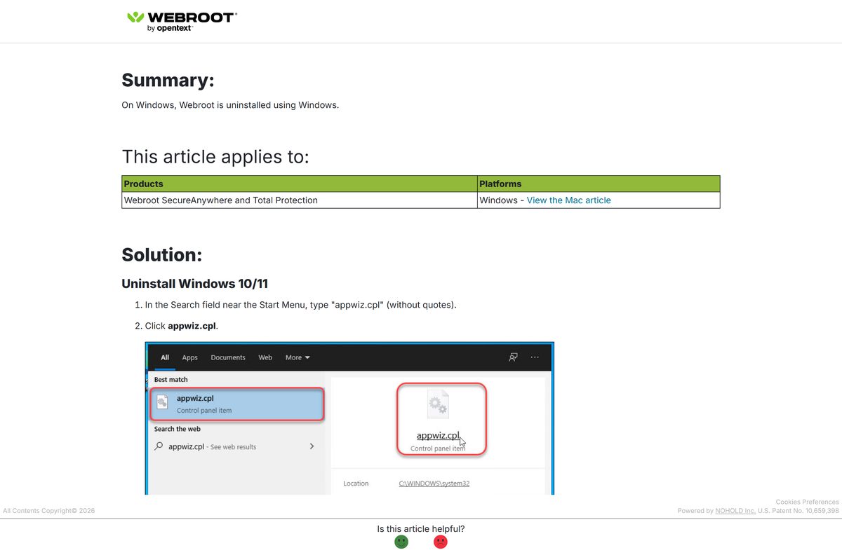 Webroot support article with the Windows uninstall steps