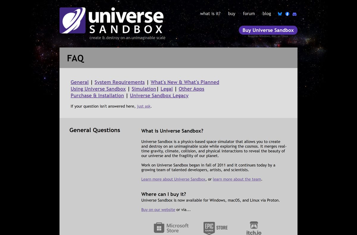 Universe Sandbox FAQ covering pricing, demos and system requirements