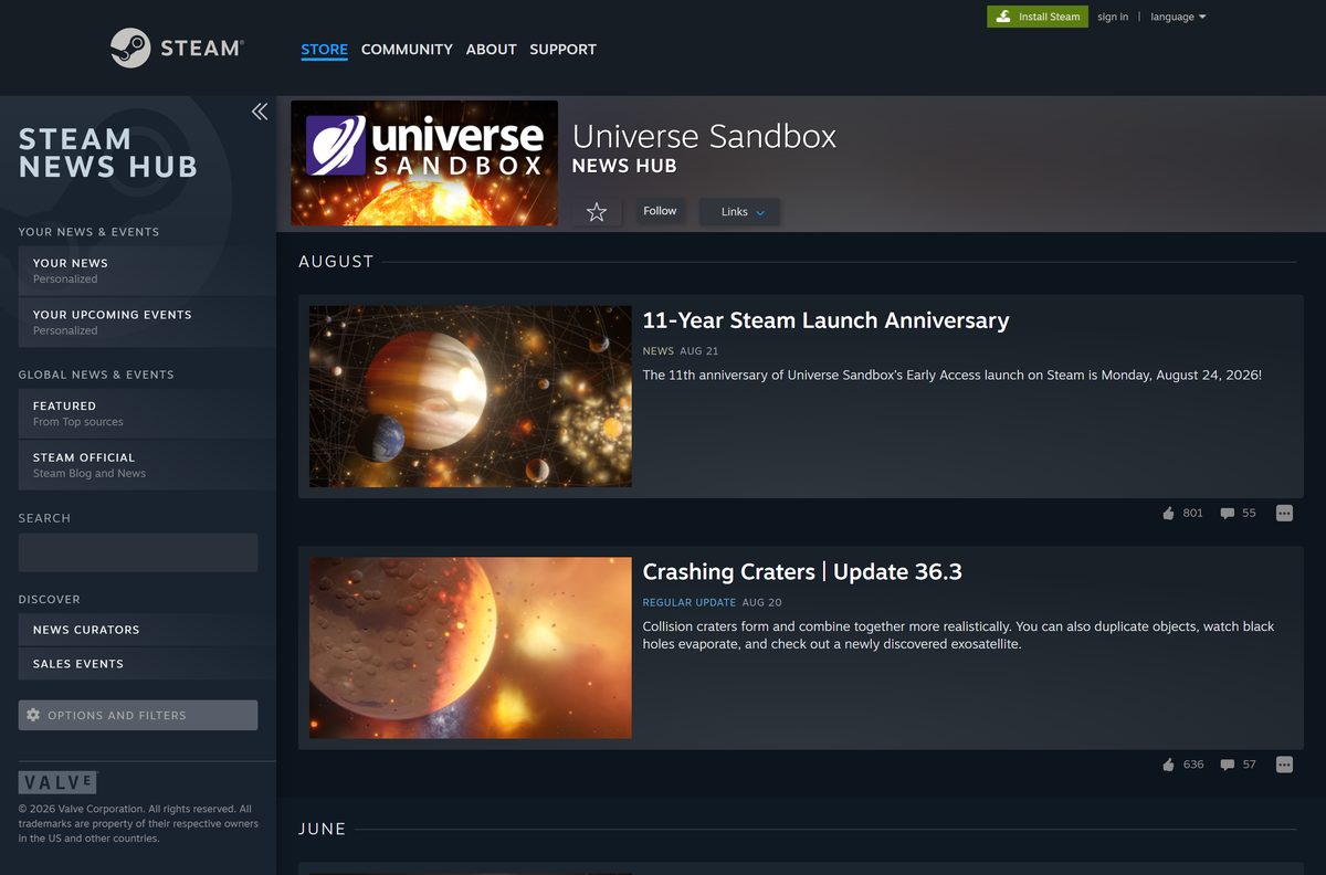 Steam news hub listing the latest Universe Sandbox updates