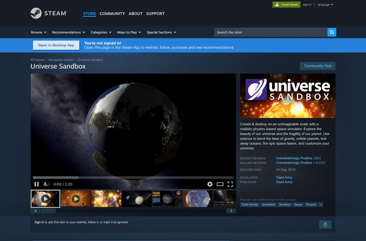 Steam store page for Universe Sandbox with its Early Access notes