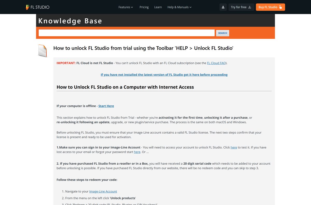 Knowledge base article explaining how to unlock FL Studio from trial