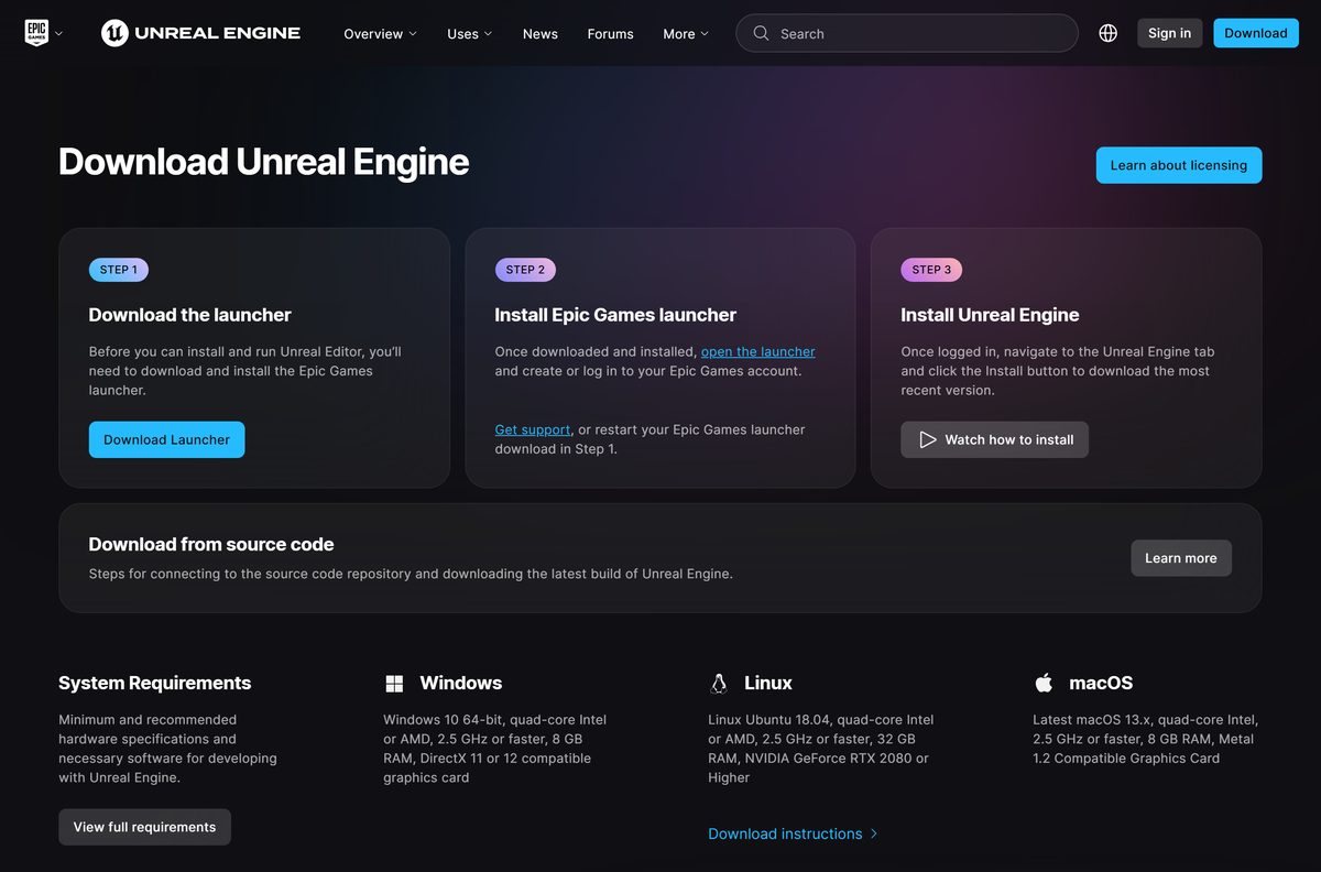 Unreal Engine page with the Epic Games Launcher download button