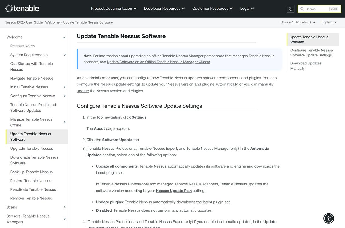 Tenable Nessus documentation on the Software Update settings tab