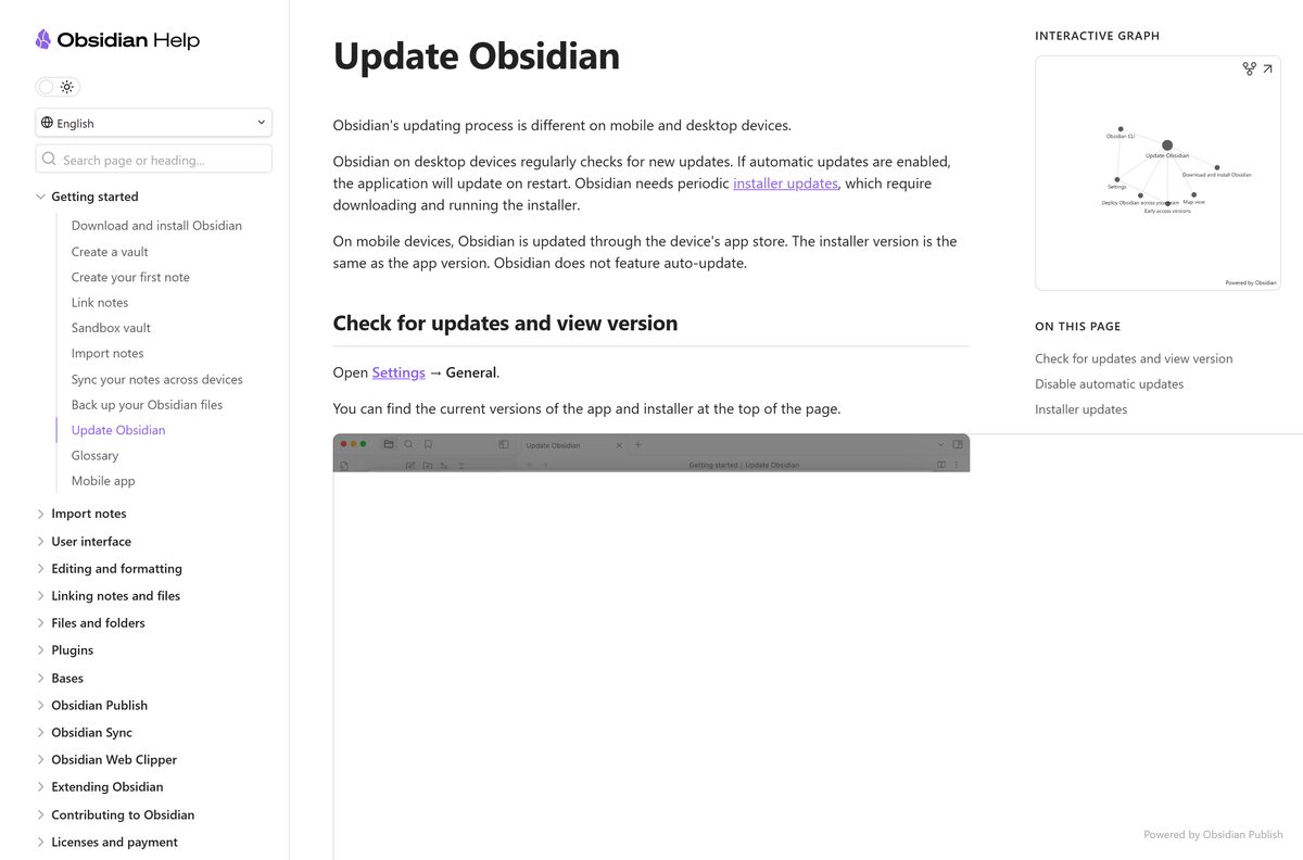 Obsidian help page explaining app and installer updates