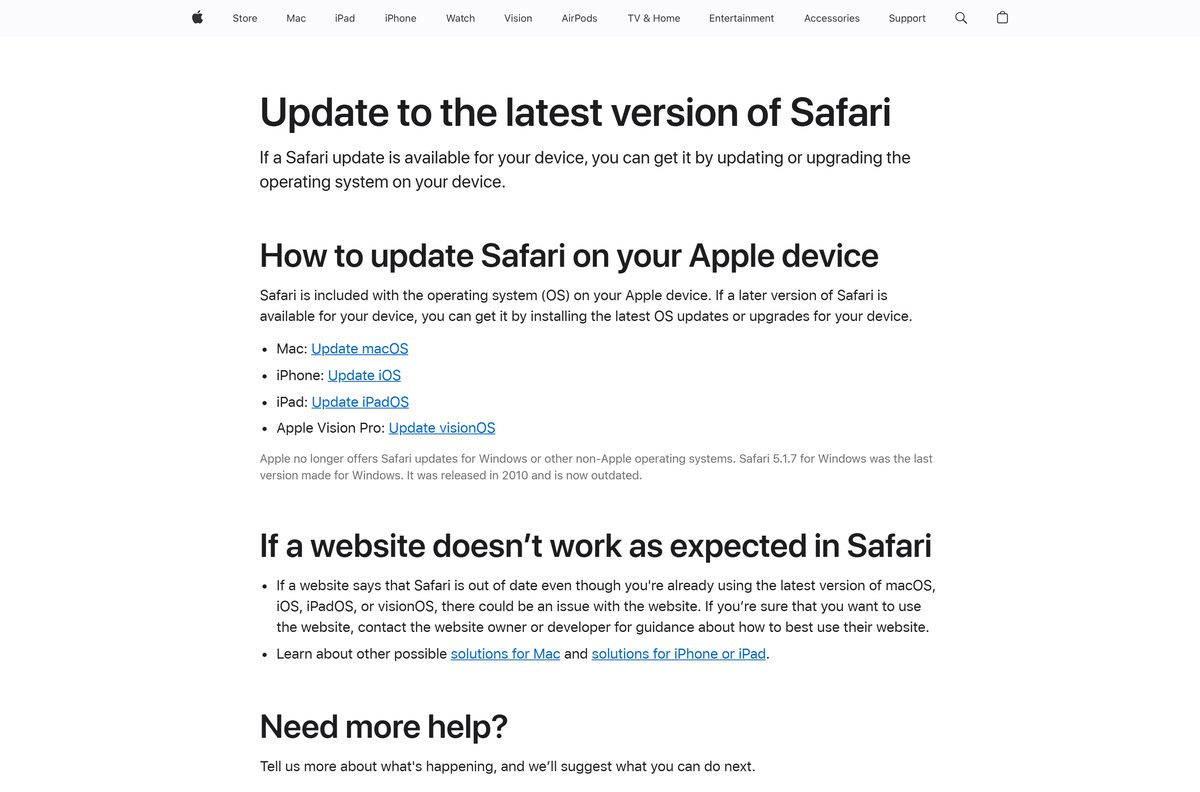 Apple support article on updating Safari through the operating system