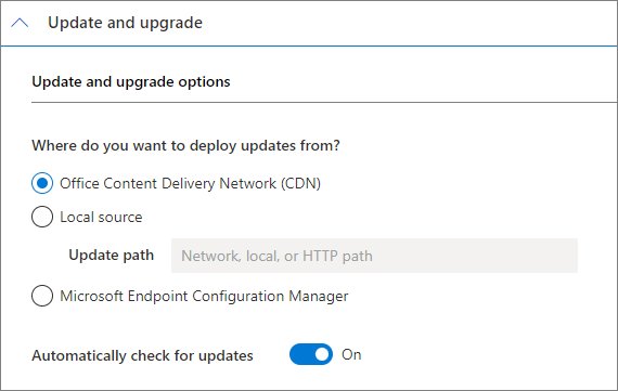 Update deployment options choosing the Office CDN or a local path