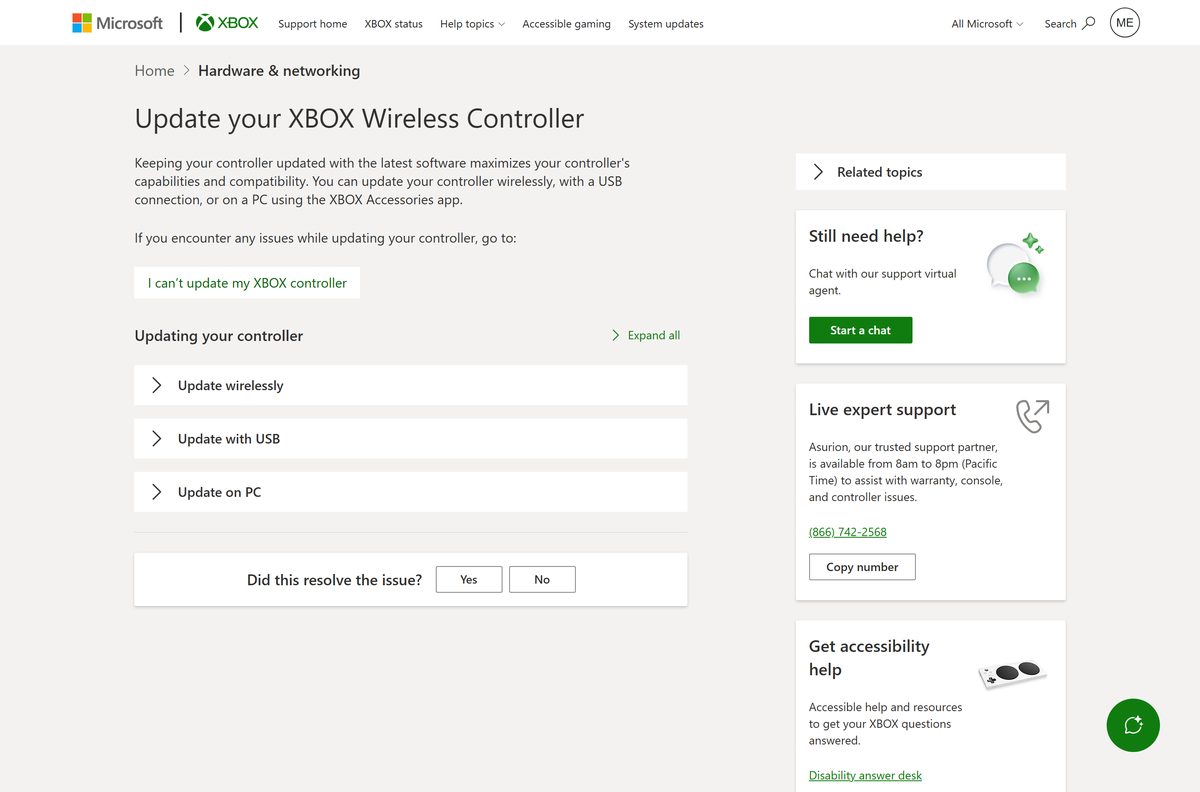 Xbox Support page listing wireless, USB and PC controller update methods
