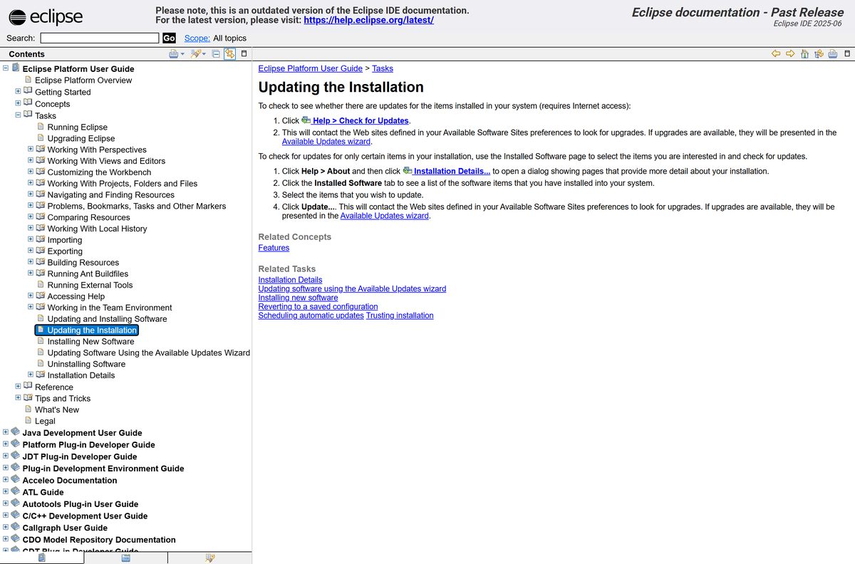 Eclipse help topic explaining how to update the installation