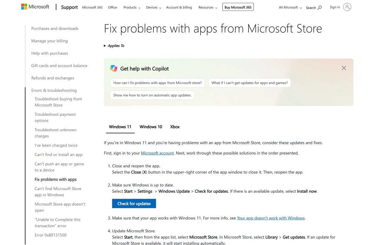 Microsoft support page explaining how to update apps from the Store