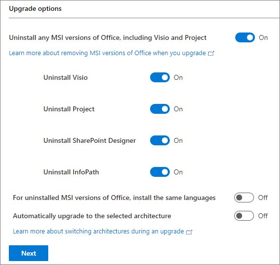 Upgrade options toggling removal of older MSI-based Office programs