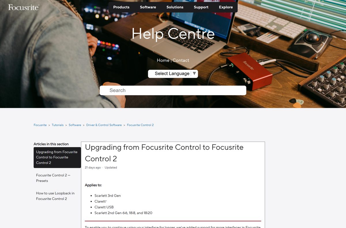 Help Centre guide to upgrading from Focusrite Control to version 2