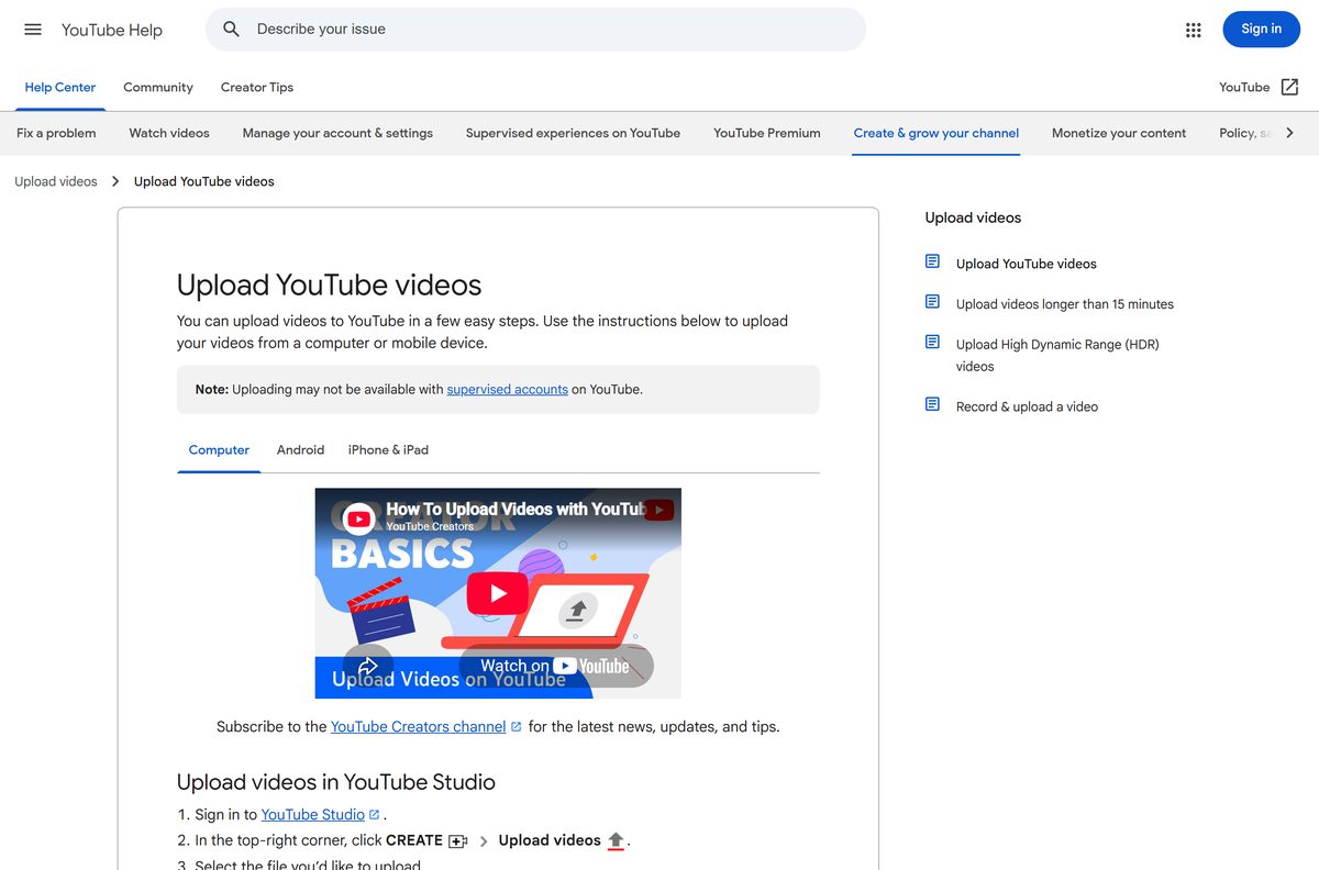 Google help page with the YouTube Studio upload steps