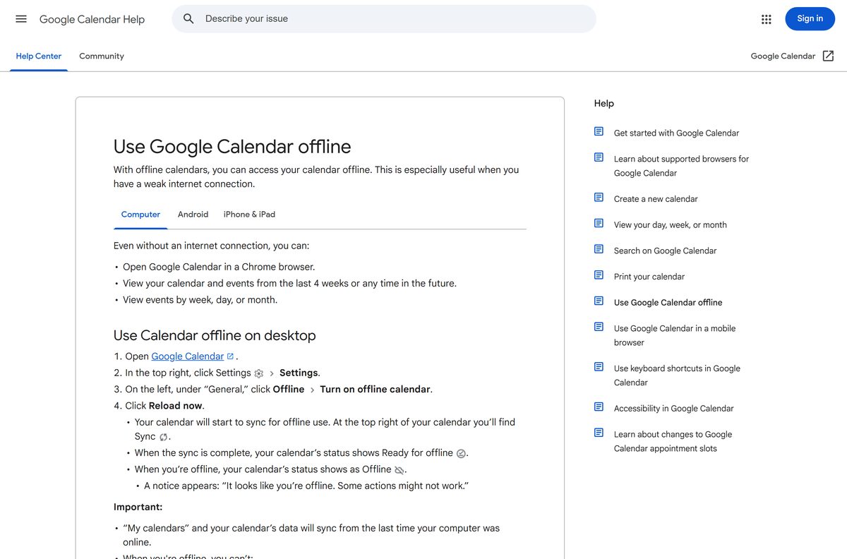 Google help page on turning on offline calendar in Chrome