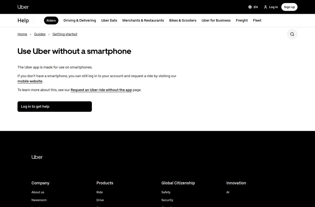 Uber Help article on riding without a smartphone