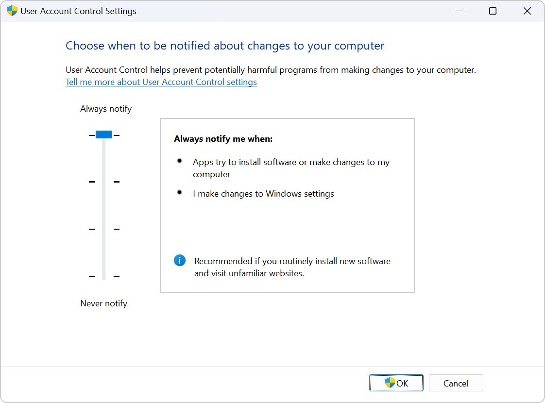 User Account Control Settings dialog with the slider at Always notify