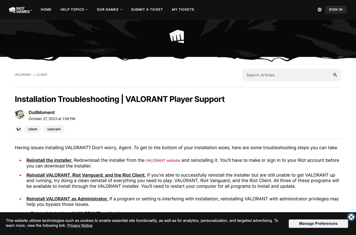 Riot support article listing VALORANT installation troubleshooting steps