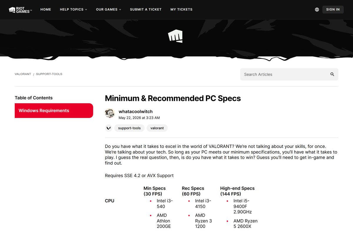 Riot support table of VALORANT minimum, recommended and high-end PC specs