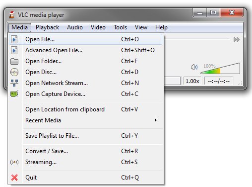 VLC Media menu open with Open File highlighted