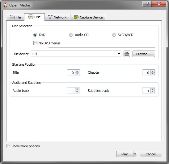 VLC Open Media dialog on the Disc tab with DVD selected