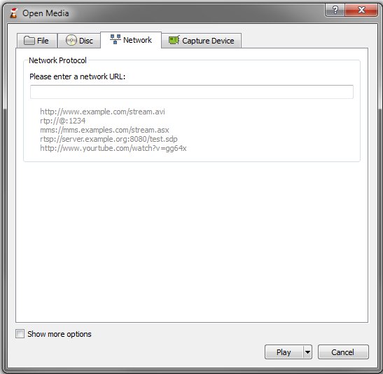 VLC Open Network Stream dialog showing example http, rtp and rtsp addresses