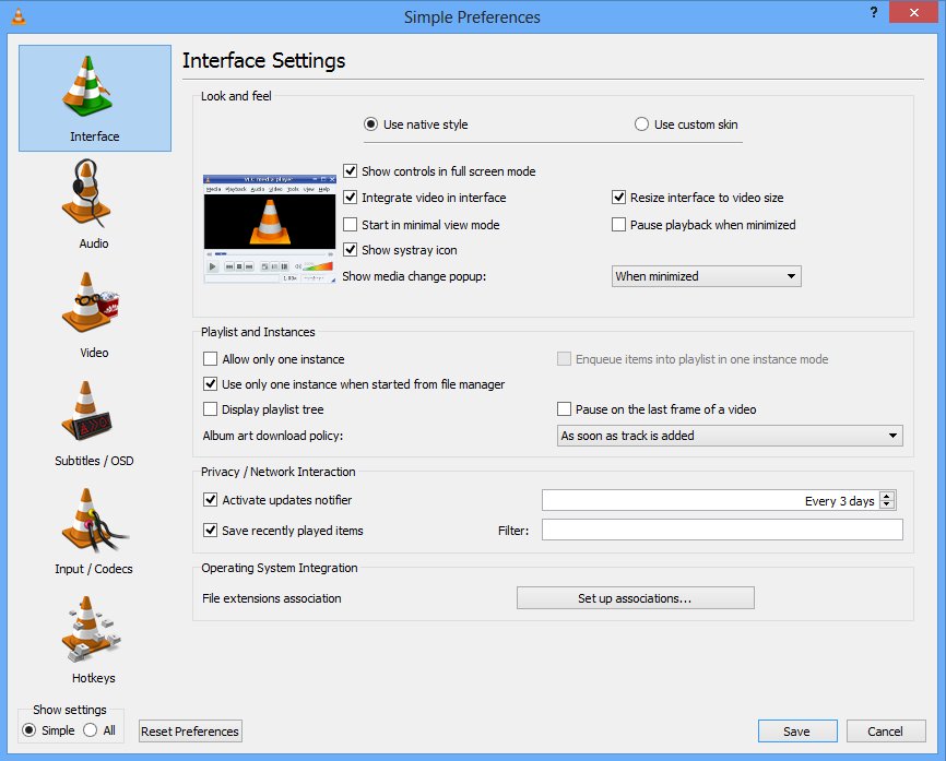 VLC Simple Preferences dialog with the Reset Preferences button
