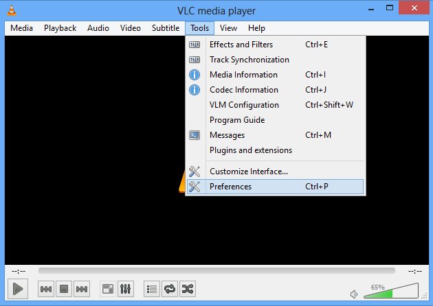 VLC Tools menu open with Preferences highlighted and its Ctrl+P shortcut
