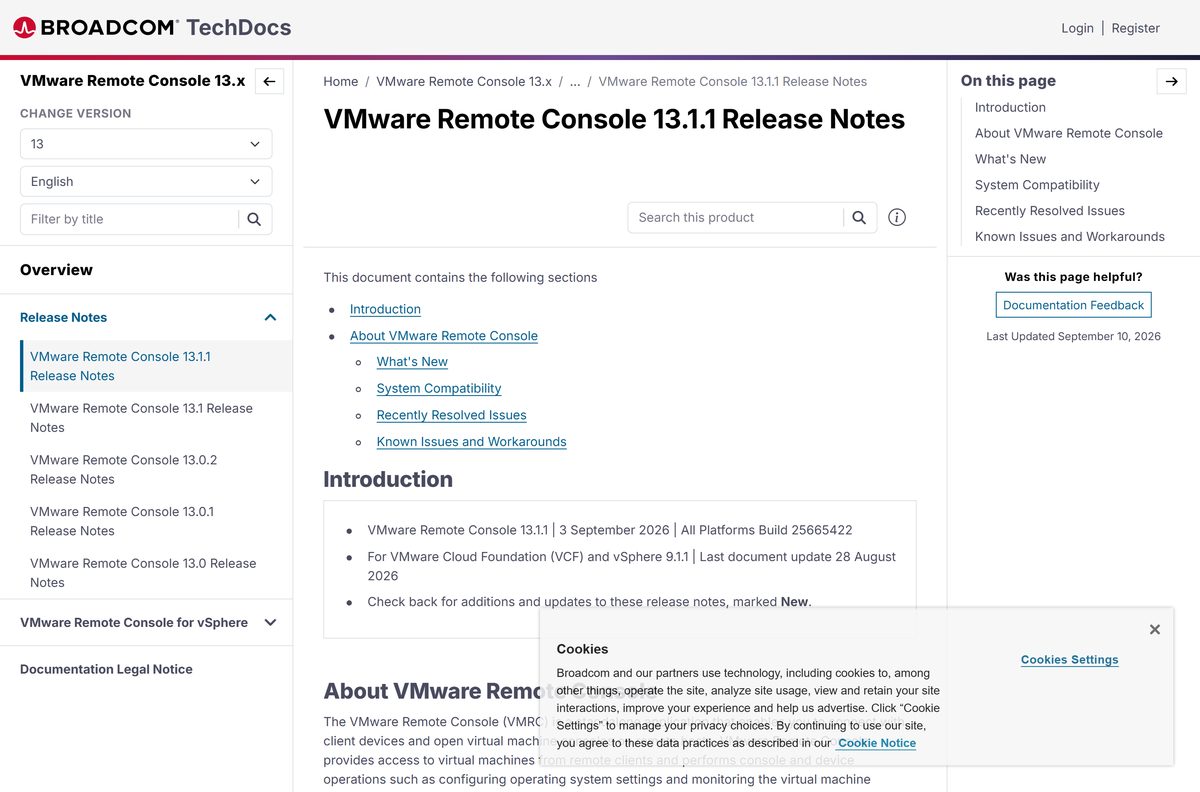Broadcom release notes page for VMware Remote Console 13.1.1