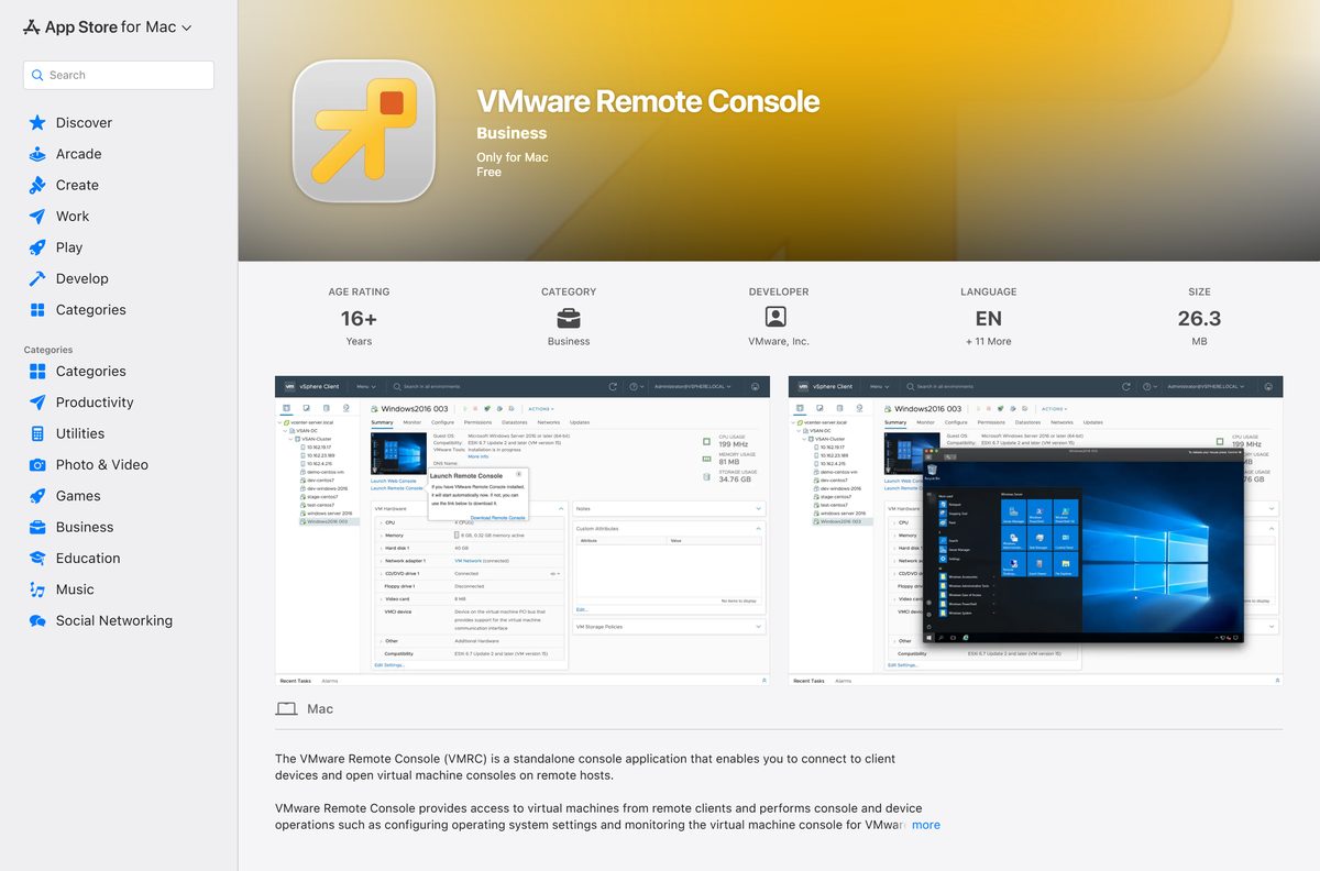 Mac App Store listing for VMware Remote Console with size and seller