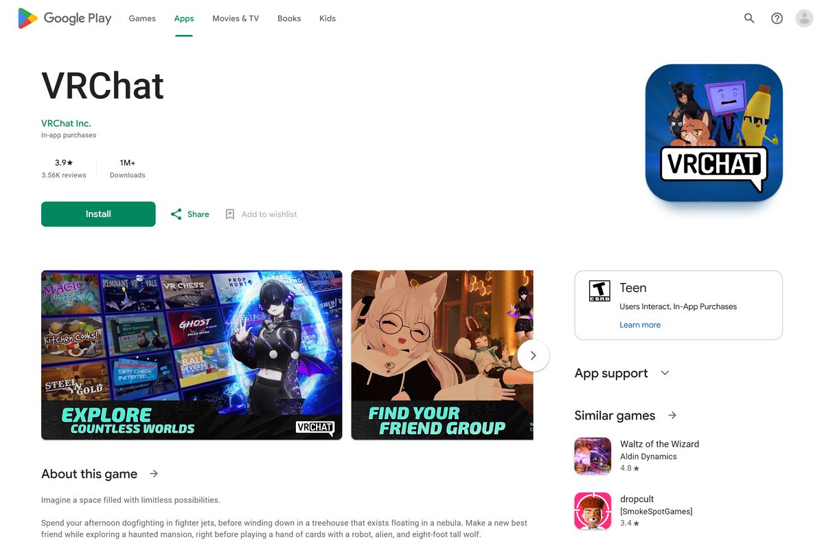 Google Play listing for VRChat with ratings and downloads