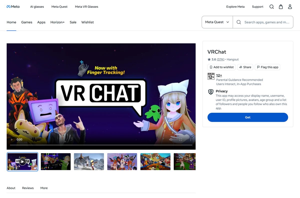 Meta Quest store listing for VRChat with supported headsets