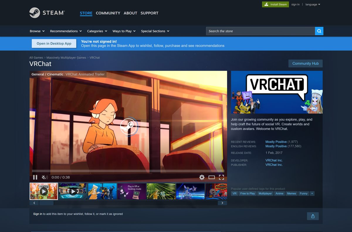 Steam store page for VRChat with the Free To Play button