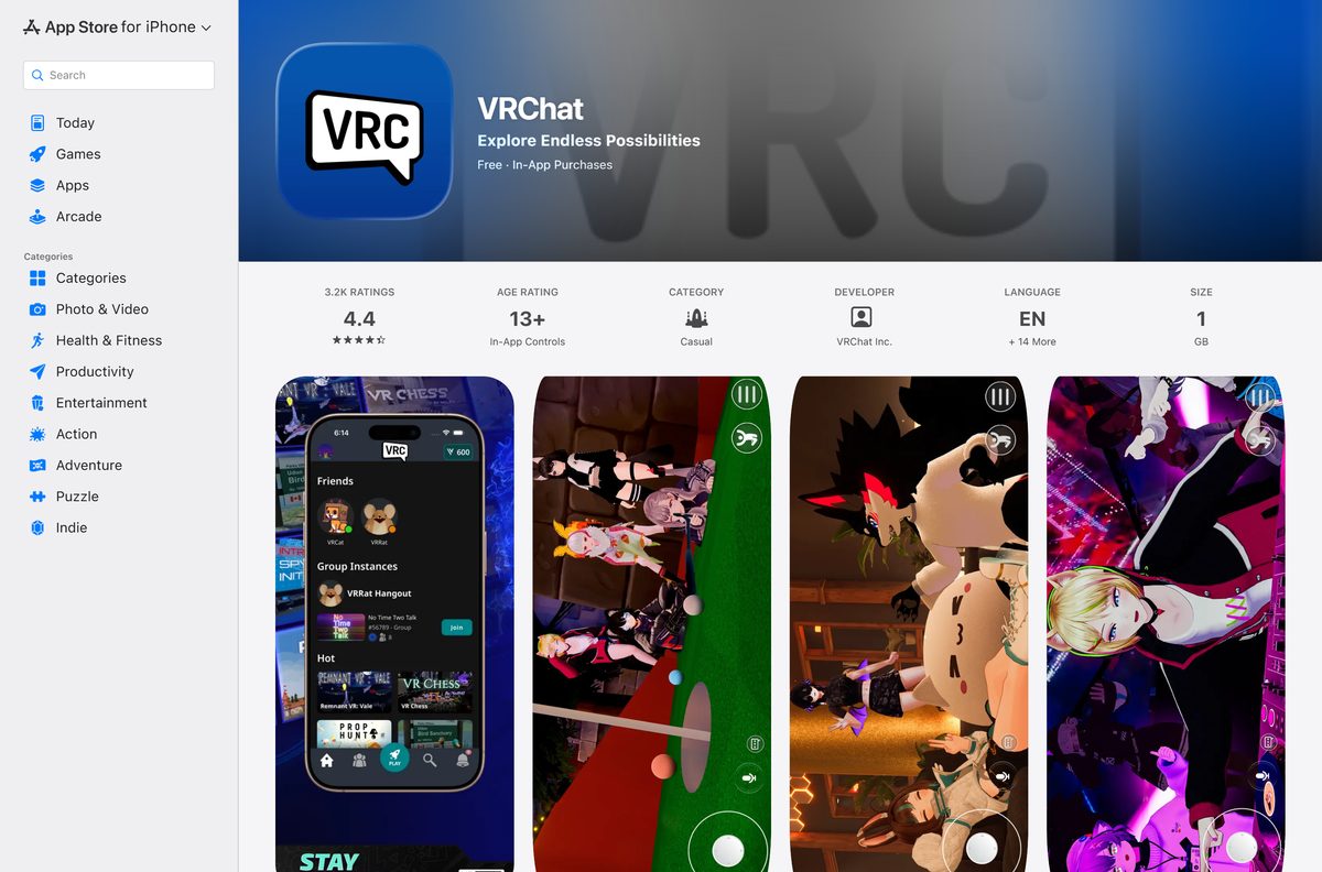 App Store listing for VRChat on iPhone and iPad