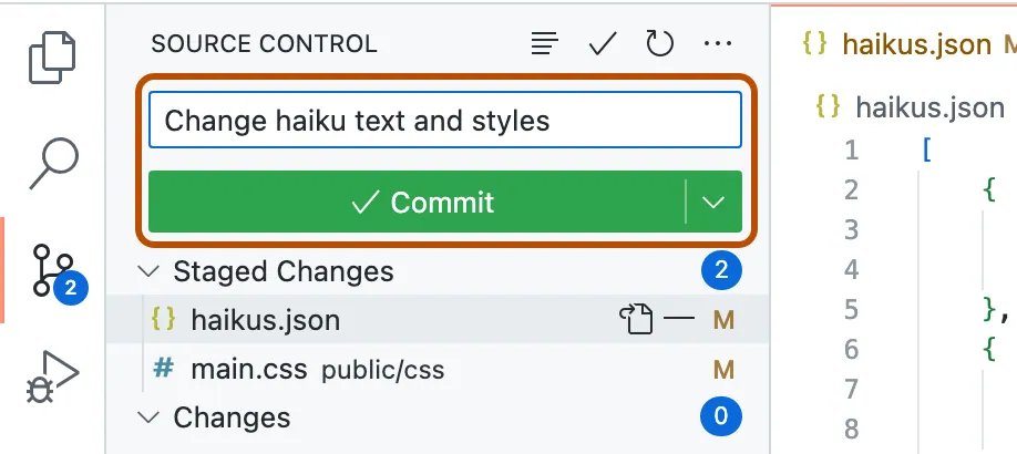 VS Code Source Control panel with commit message typed and Commit button highlighted