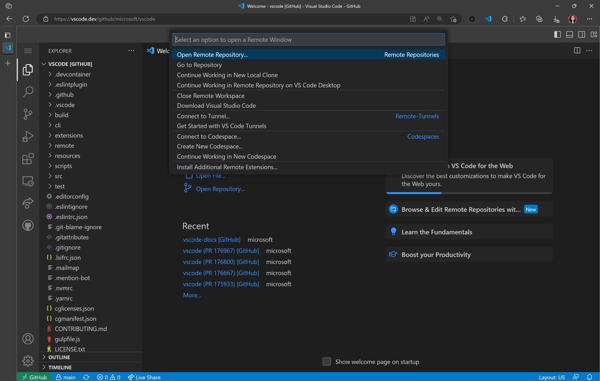 VS Code for the Web showing a GitHub repository and Command Palette open