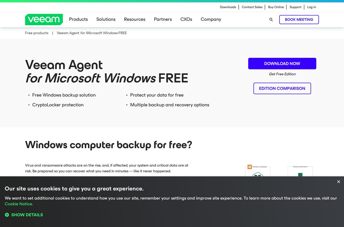 Product page for the free Windows backup agent with its download button