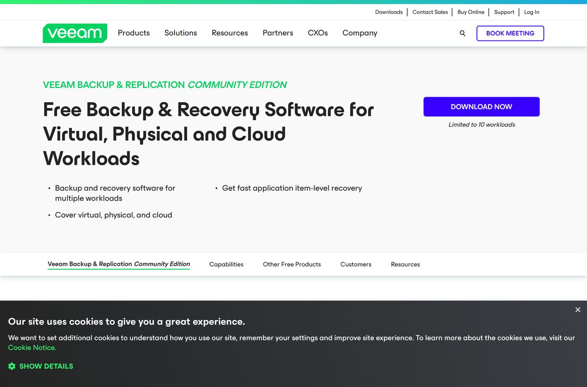 Community Edition page describing free backup for virtual and physical workloads