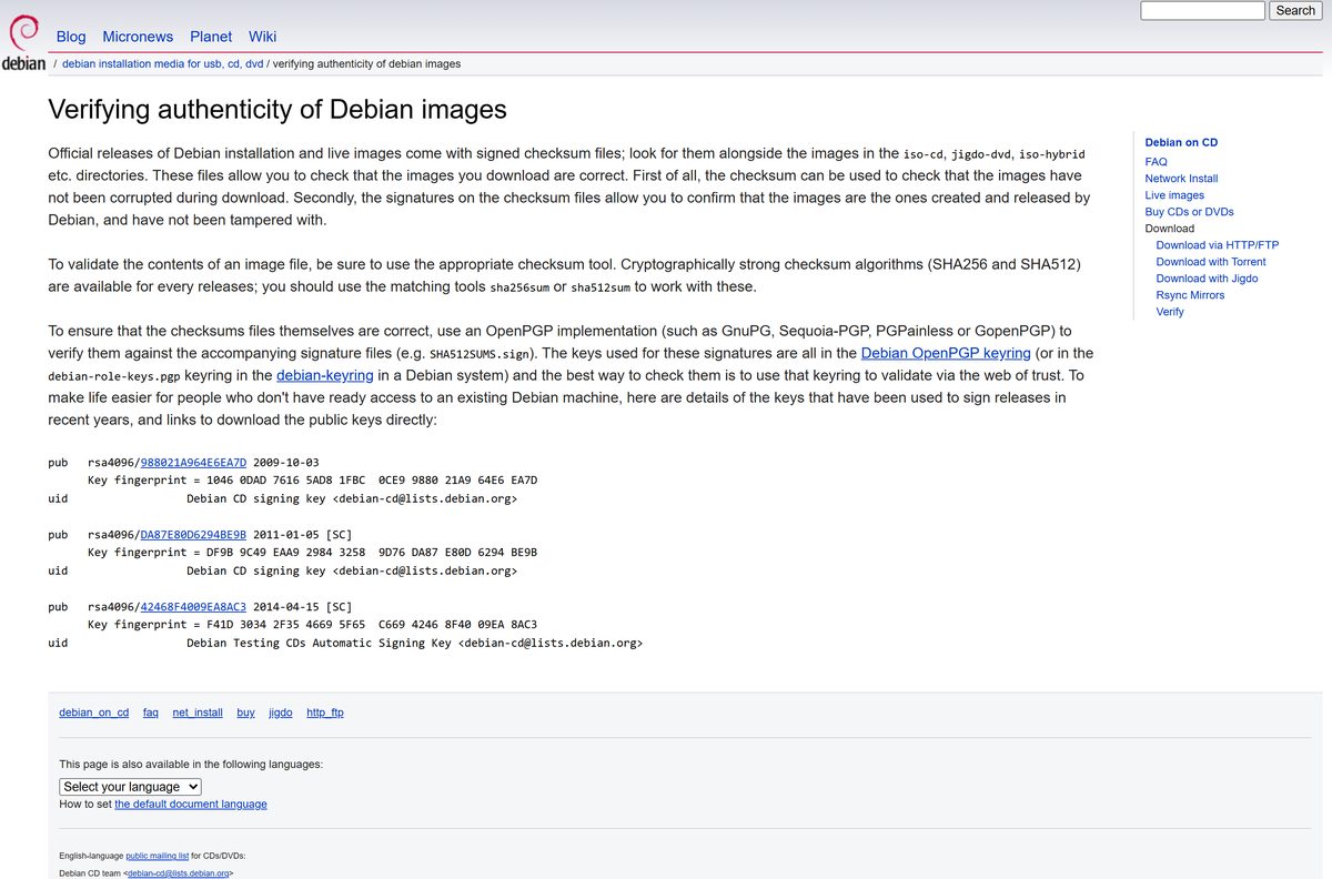 Debian page explaining checksum files and signing keys