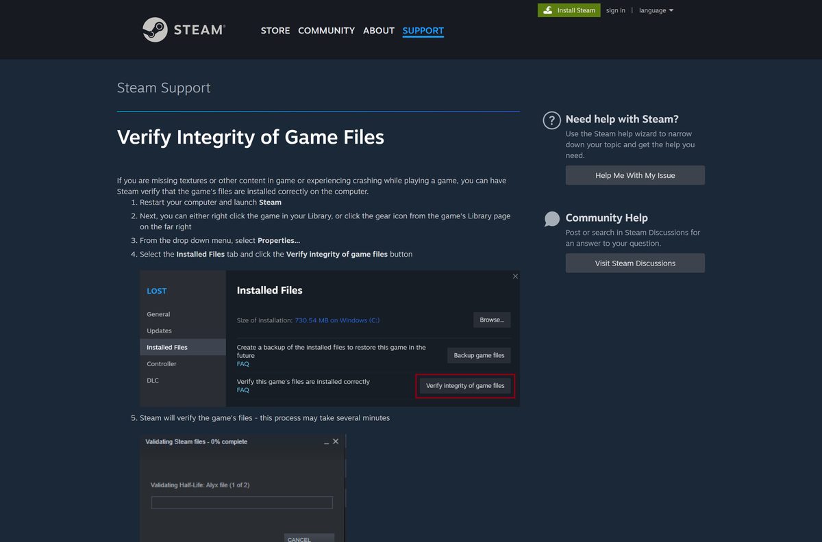 Steam support page describing the verify integrity of game files button
