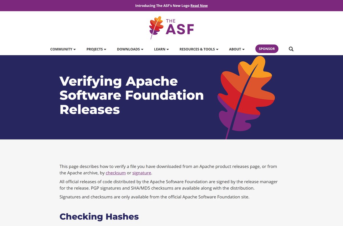 Apache page explaining how to check downloads with checksums and signatures