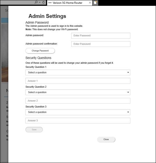 Verizon 5G Home Router Admin Settings screen with password and security question fields